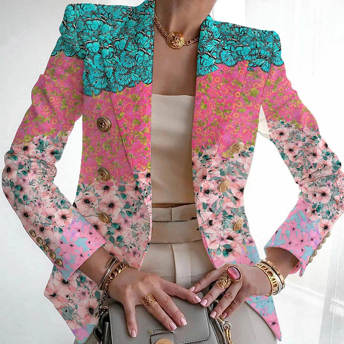 Printed blazer shown in a second pattern