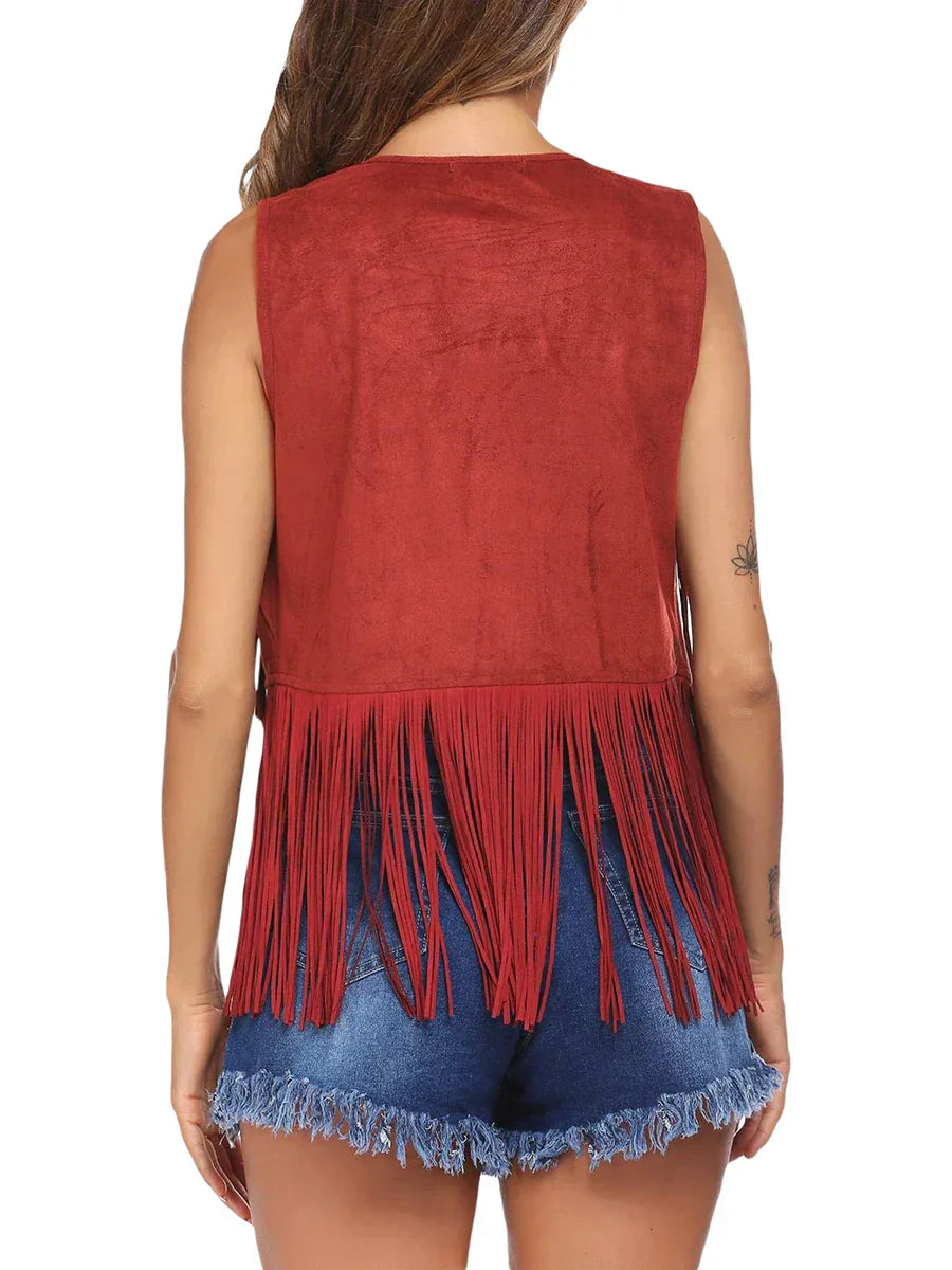 Frederika | Open-Front Fringe Vest with Stud Accents