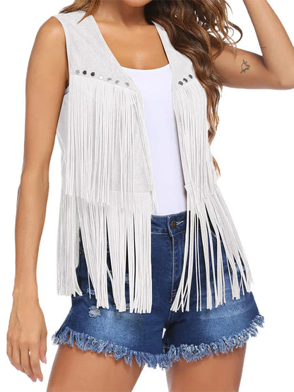 Frederika | Open-Front Fringe Vest with Stud Accents