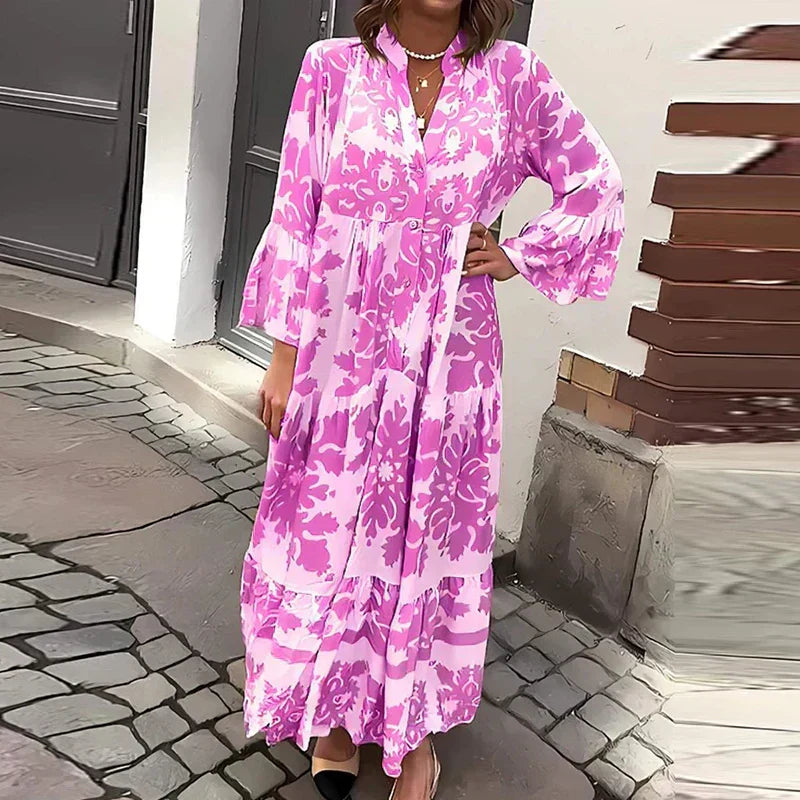 Boho print midi dress seen at full length