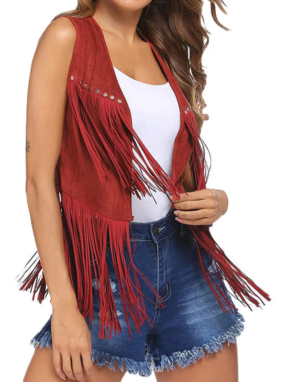 Frederika | Open-Front Fringe Vest with Stud Accents