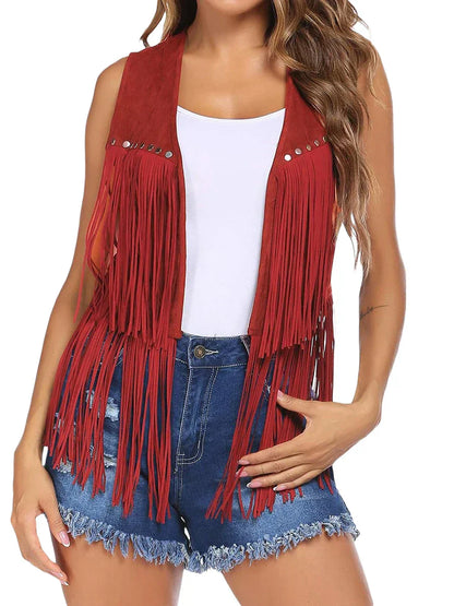 Frederika | Open-Front Fringe Vest with Stud Accents