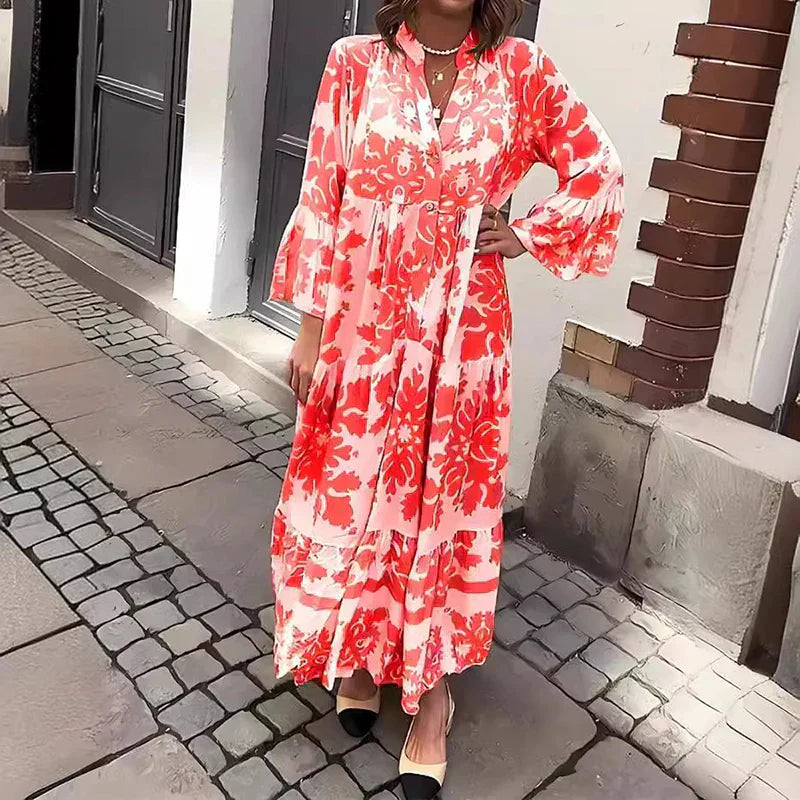 Long-sleeve boho dress shown from the side