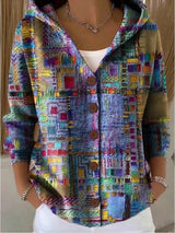 Long hooded cardigan with a button front, front view