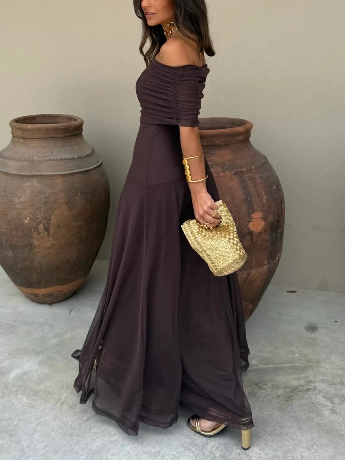 Brown maxi dress shown from the side