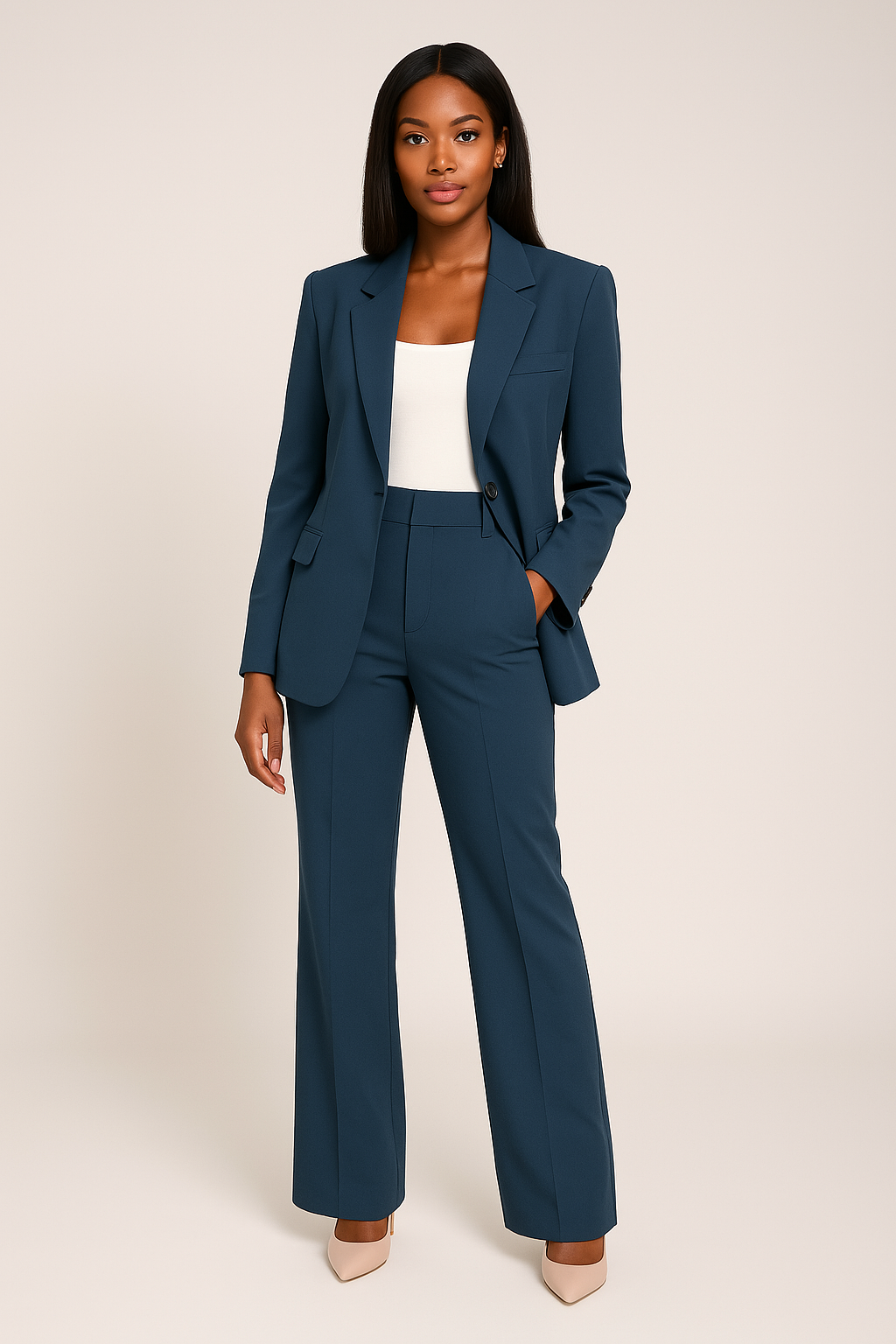 Two-piece suit showing the blazer and trousers together