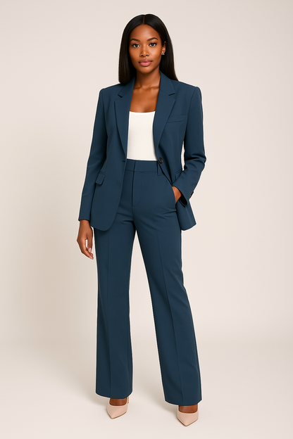 Two-piece suit showing the blazer and trousers together