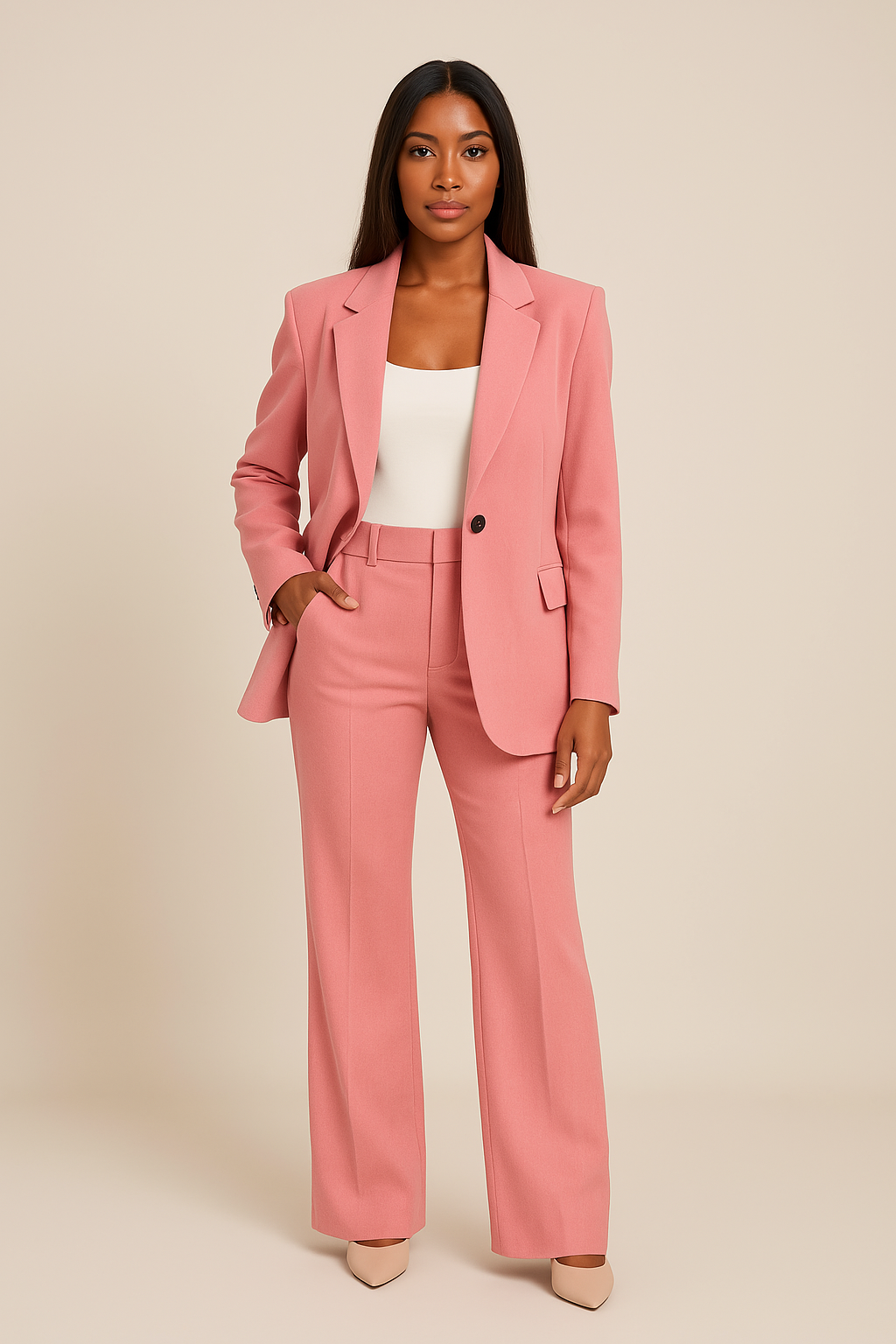 Blazer and trouser set shown from the side