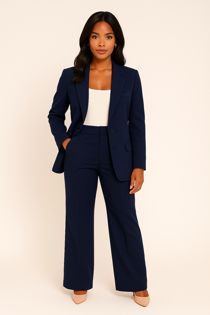 Two-piece blazer set photographed at an angle