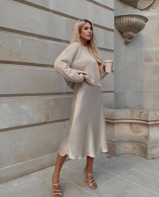 A-line satin midi skirt, front view