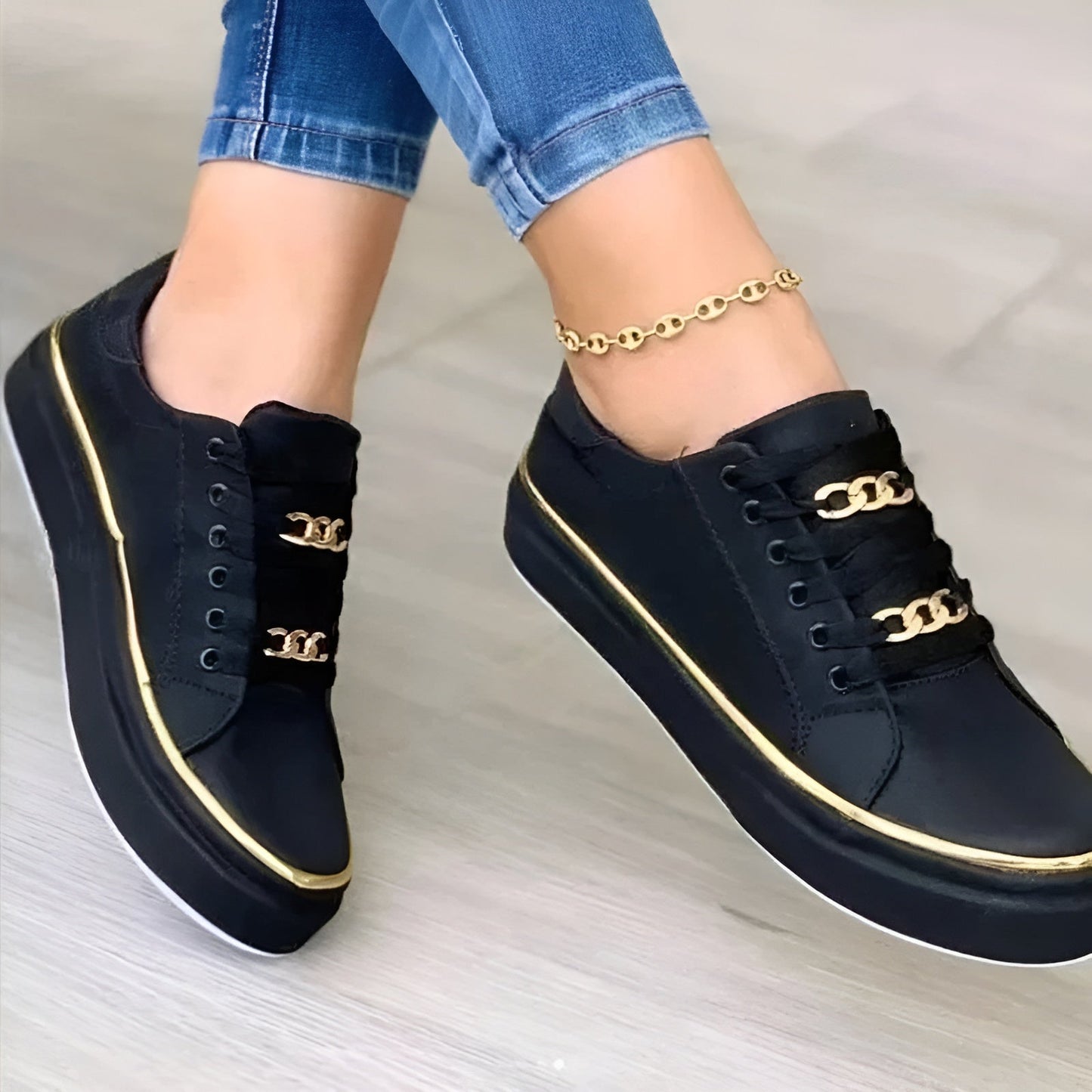 Linnea | Cushioned Gold-Accent Lace-Up Sneakers