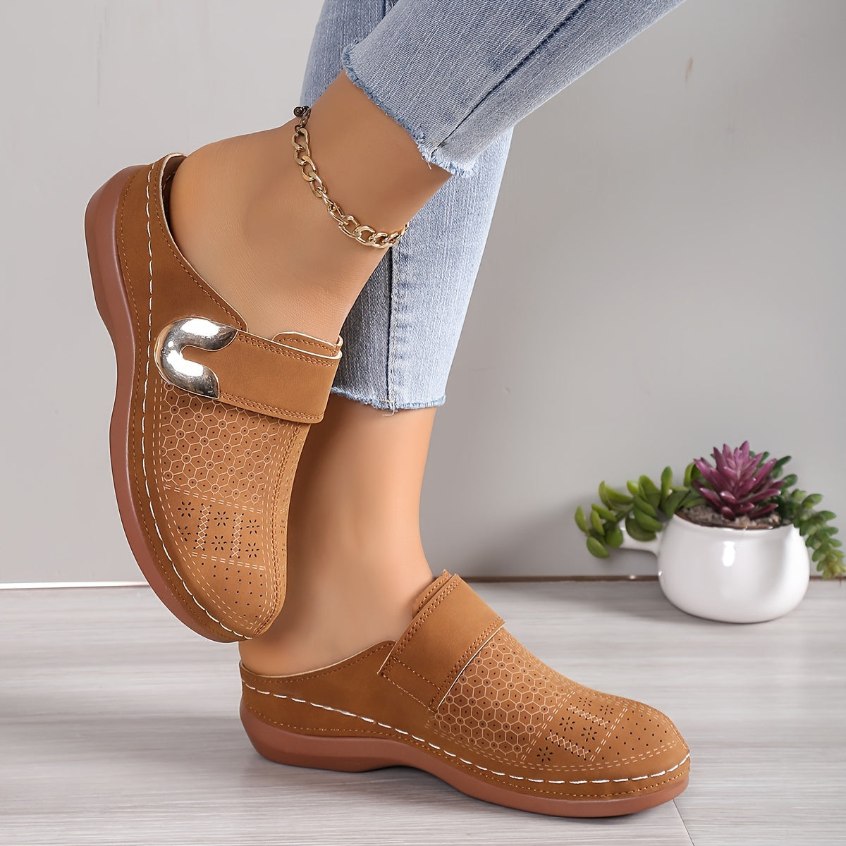 Slip-on flats showing the supportive footbed inside
