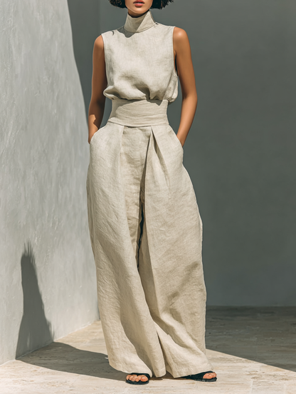 Sleeveless top and wide-leg trouser set, front view