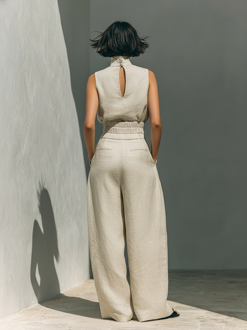 Sleeveless top and trouser set shown from the front