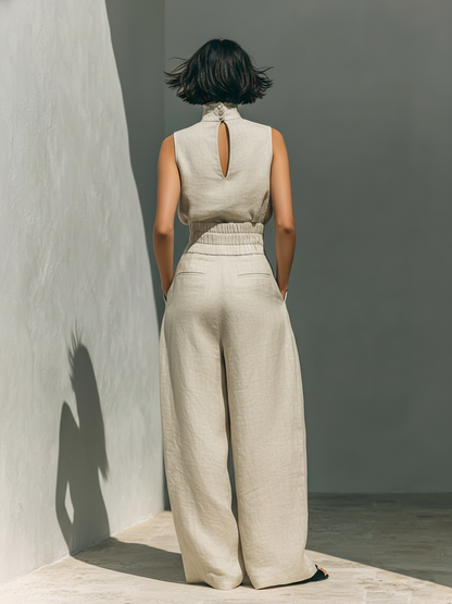 Sleeveless top and trouser set shown from the front