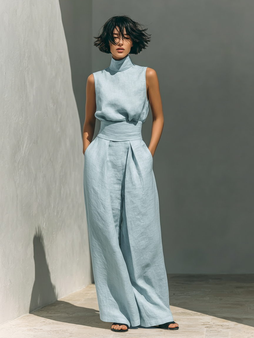 Sleeveless top and trouser set shown in a third colourway