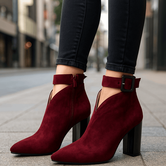 V-cut block-heel ankle boots, side view