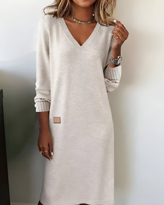 V-neck long-sleeve sweater dress, front view