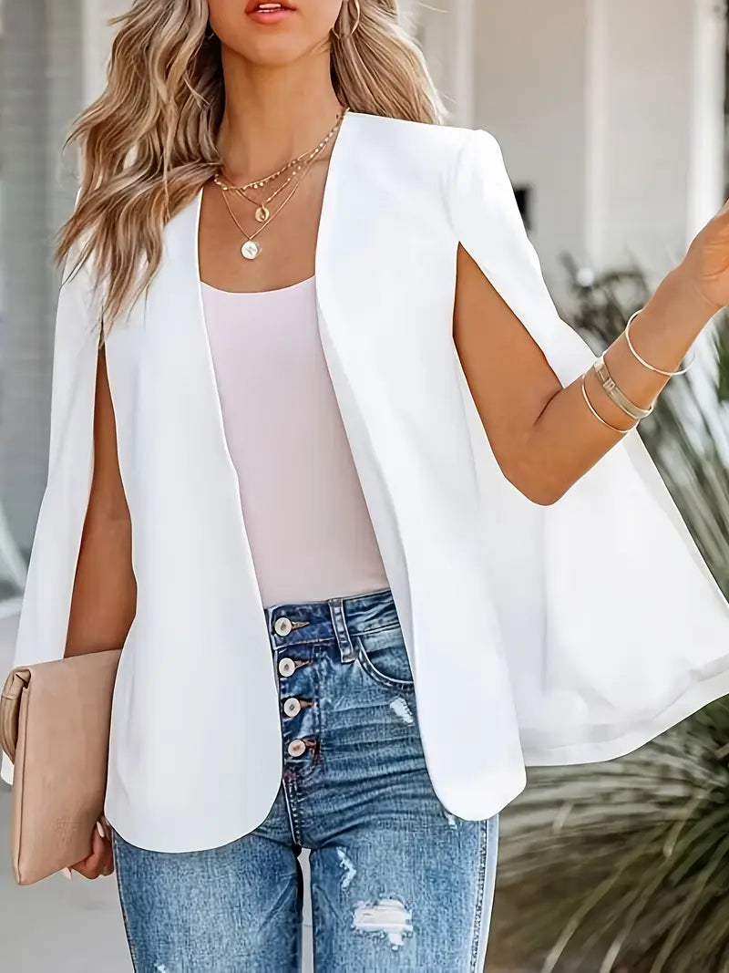 Tailored cape blazer photographed at an angle