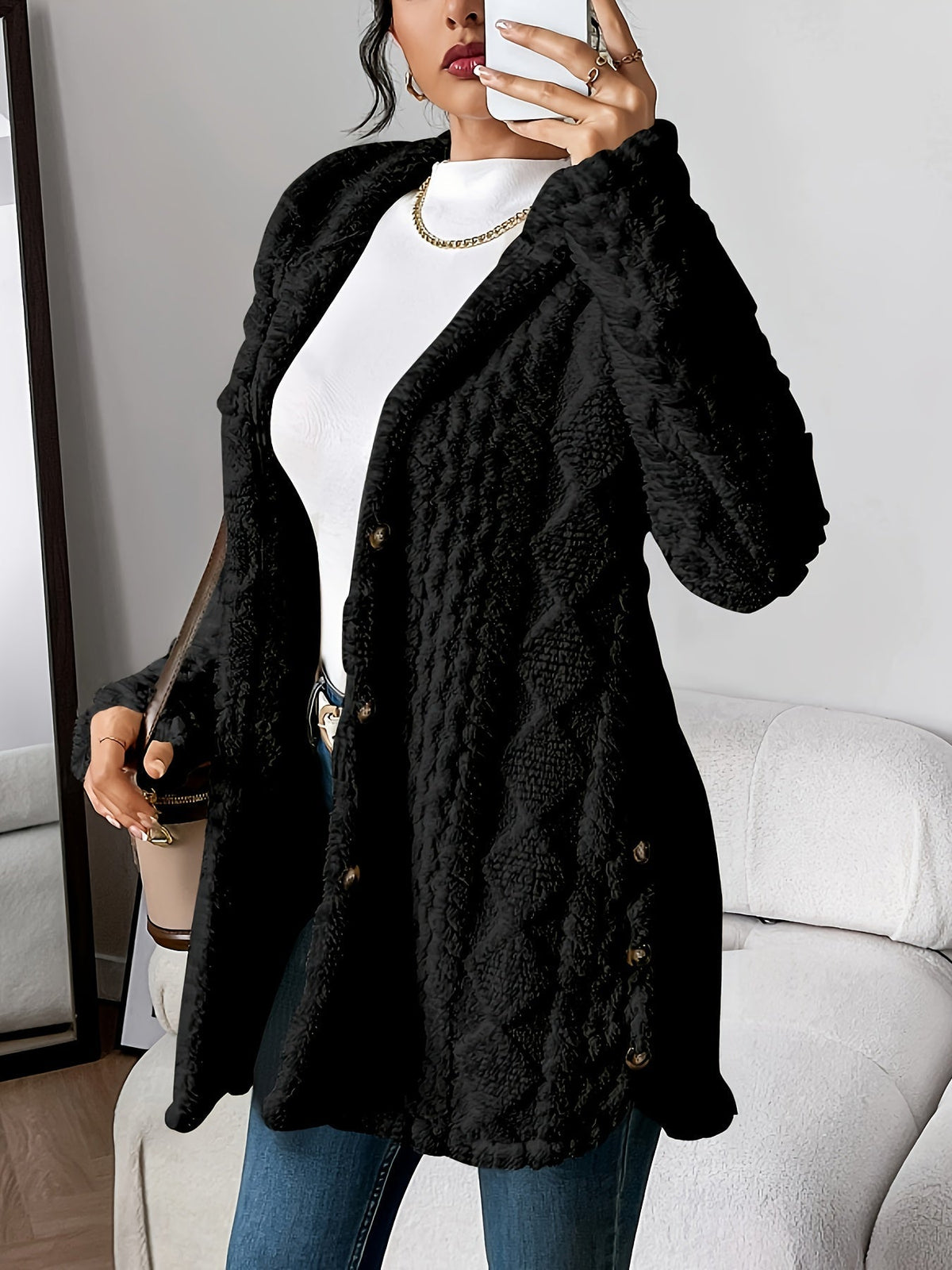 Hooded button-front coat shown in a fifth colourway