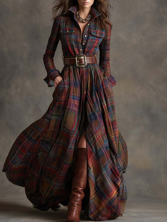 Belted button-up shirt dress with a collar, front view