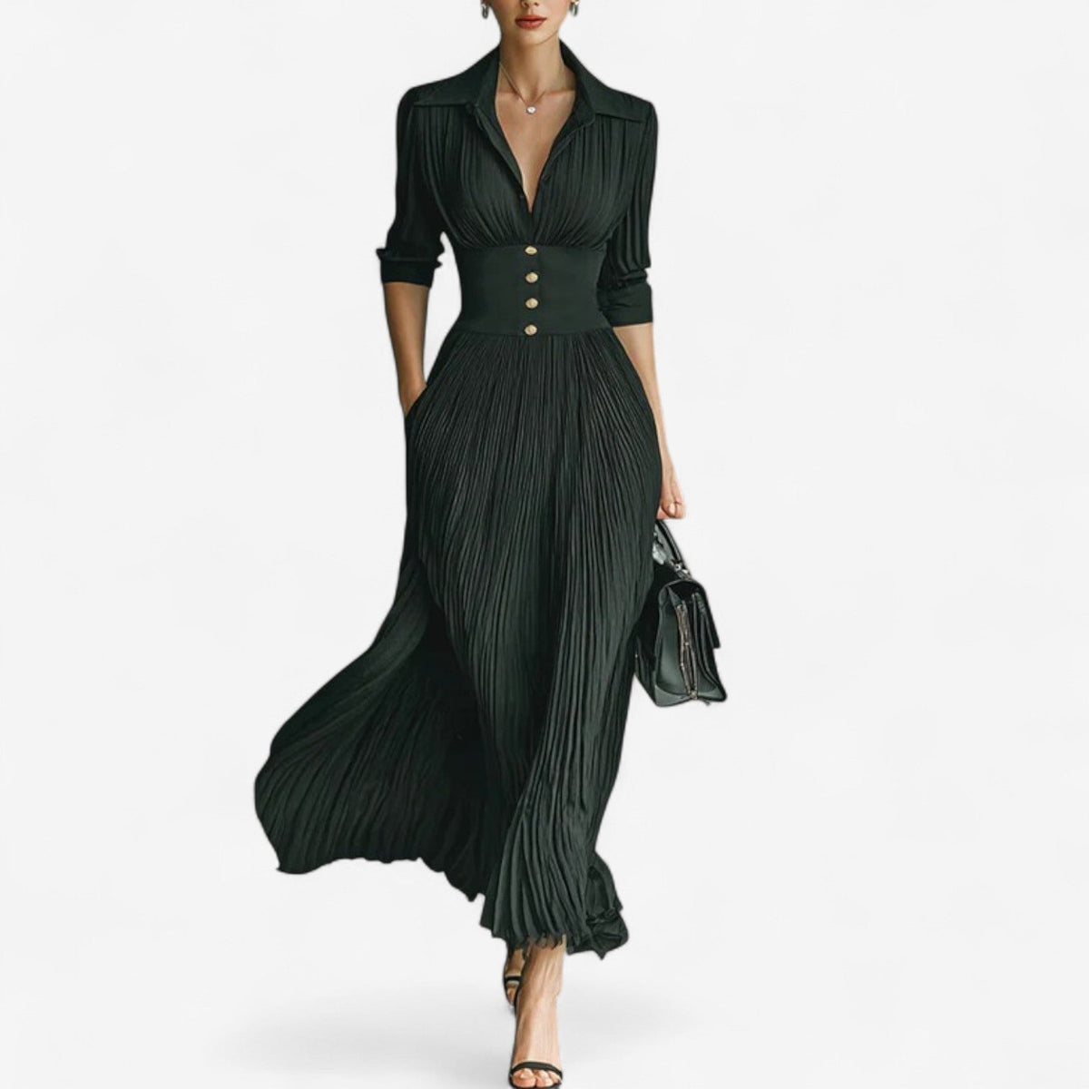 Collared pleated maxi dress, front view
