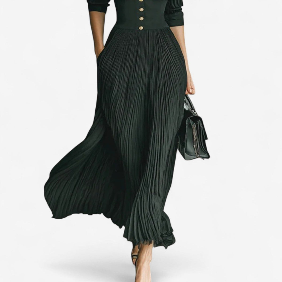 Collared pleated maxi dress shown from the side