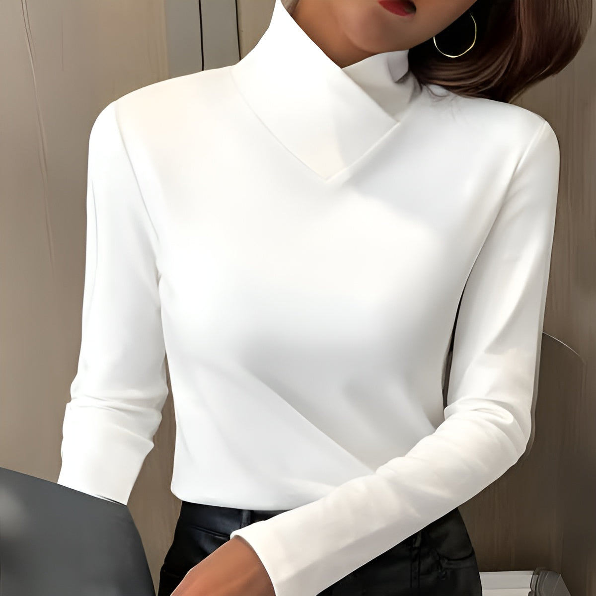 High-neck fitted sweater, front view