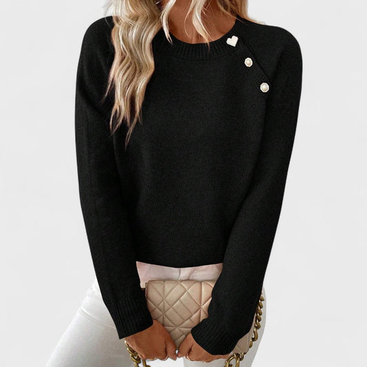 One-shoulder button sweater, front view