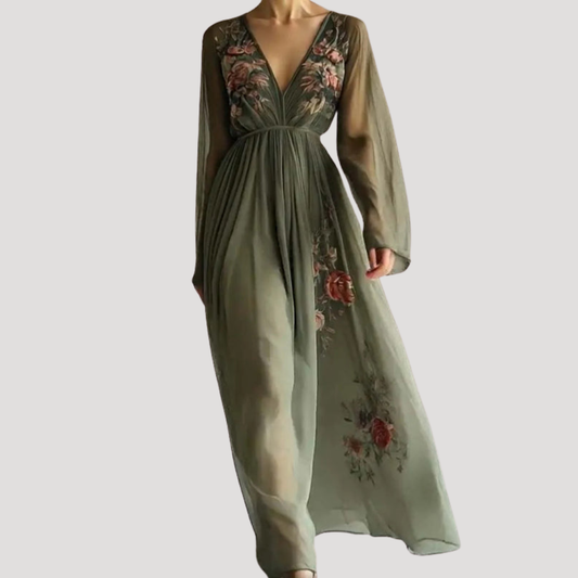 Floral embroidered maxi dress, front view