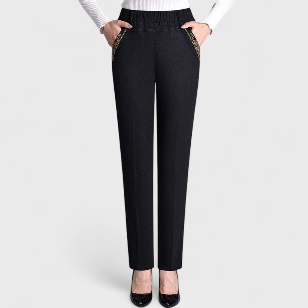 Straight-leg pants shown from the side