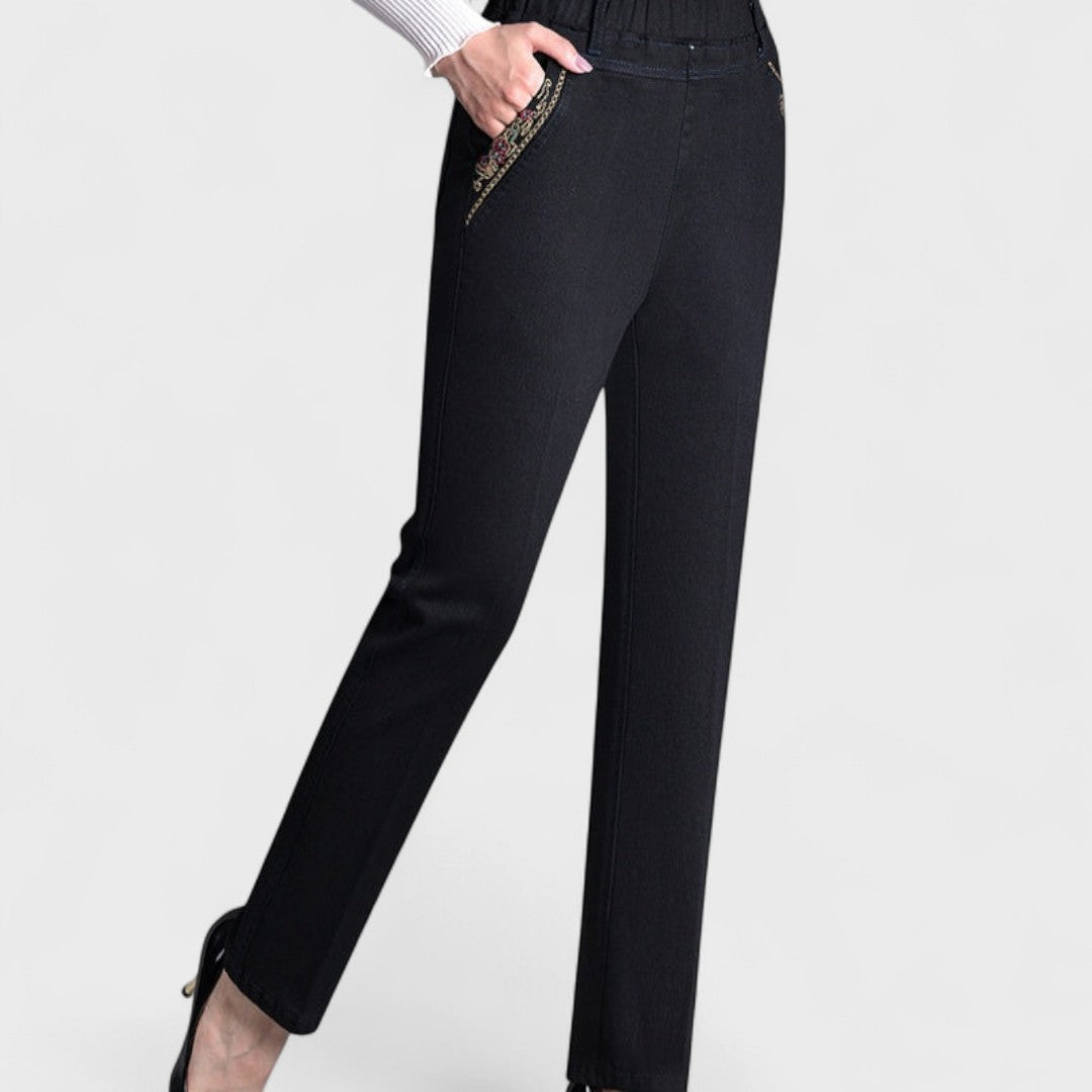 Elastic-waist pants seen at full length