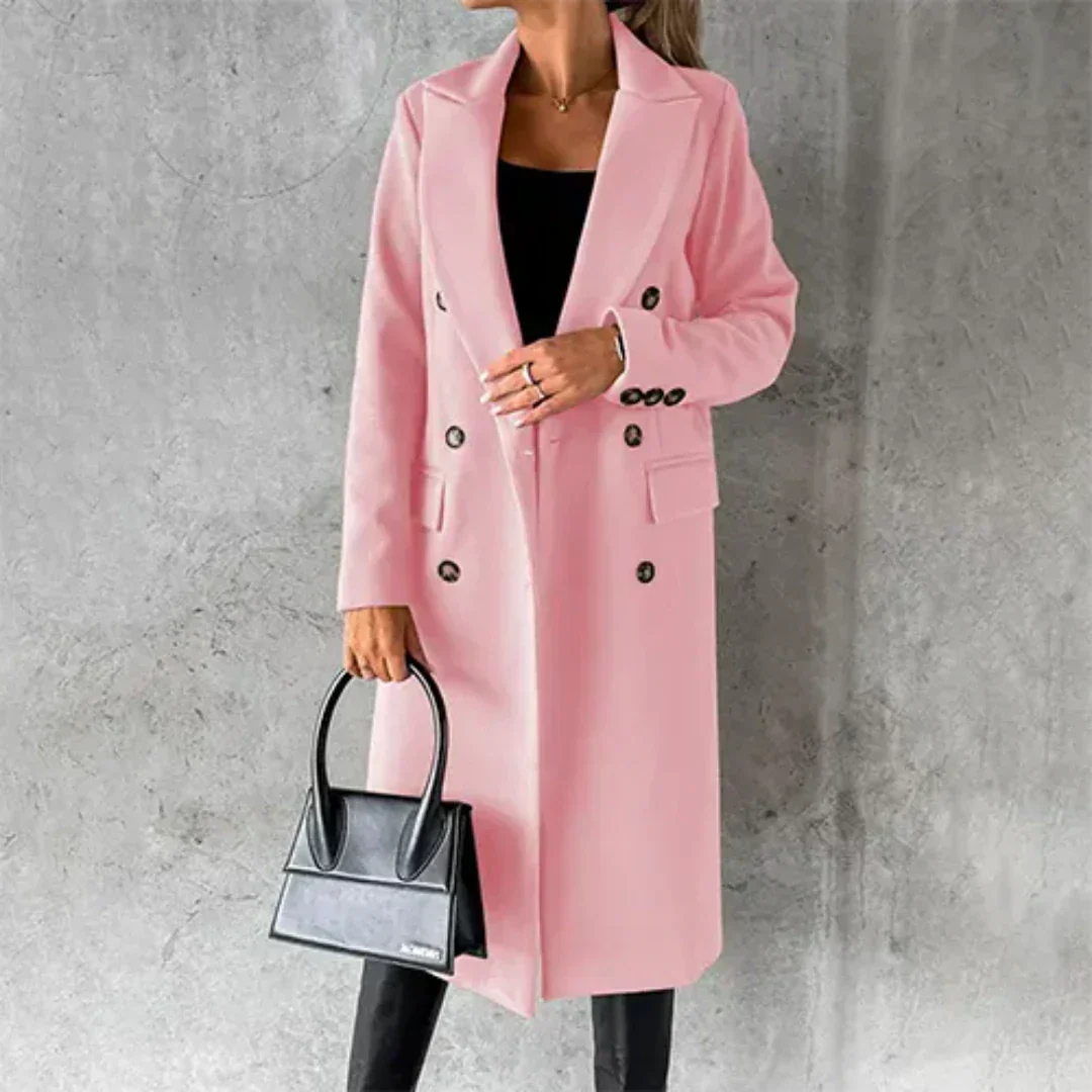 Double-breasted trench coat with a notched collar, front view