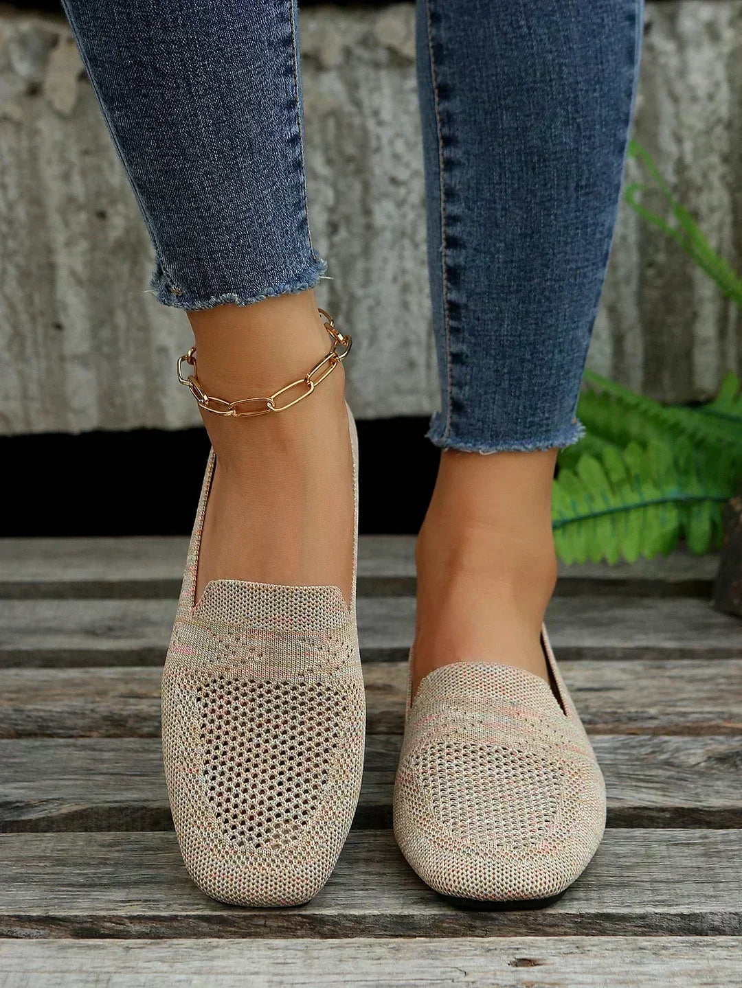 Single knit slip-on loafer shown in profile