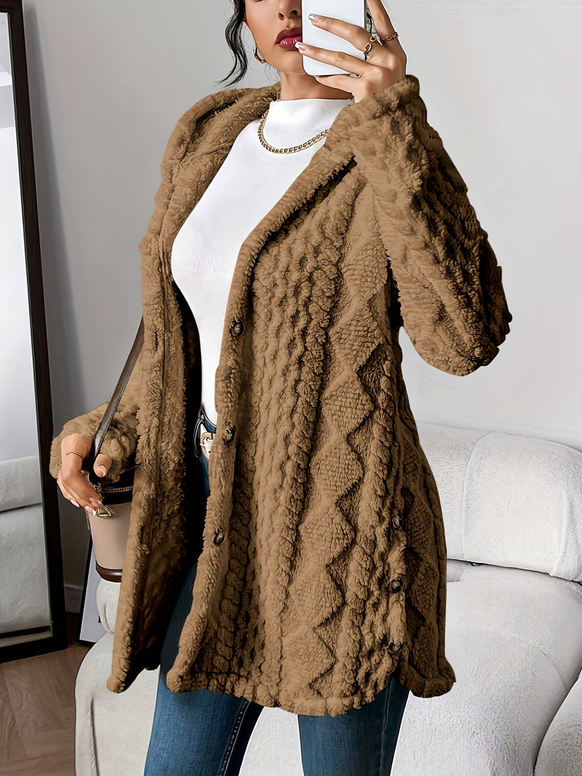 Hooded coat shown in a third colourway