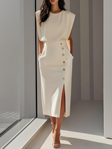 Sleeveless button-front midi dress, front view