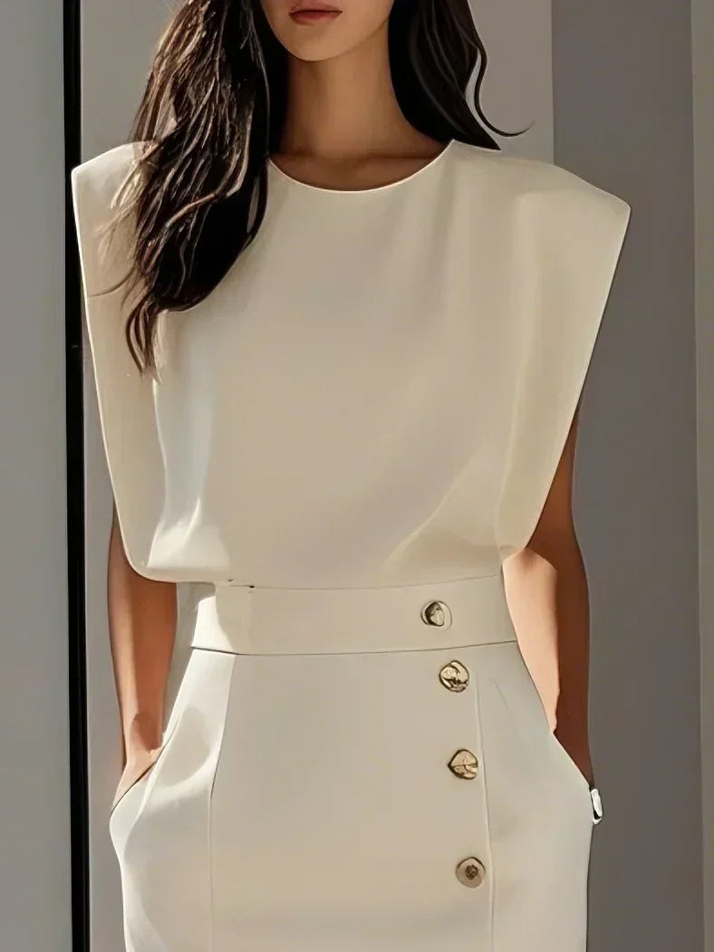 Button-front midi dress in a seated pose