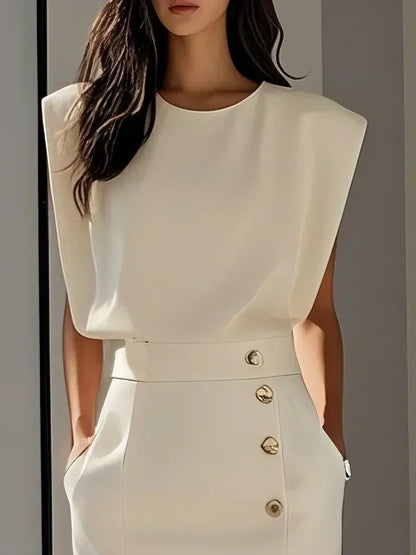 Button-front midi dress in a seated pose