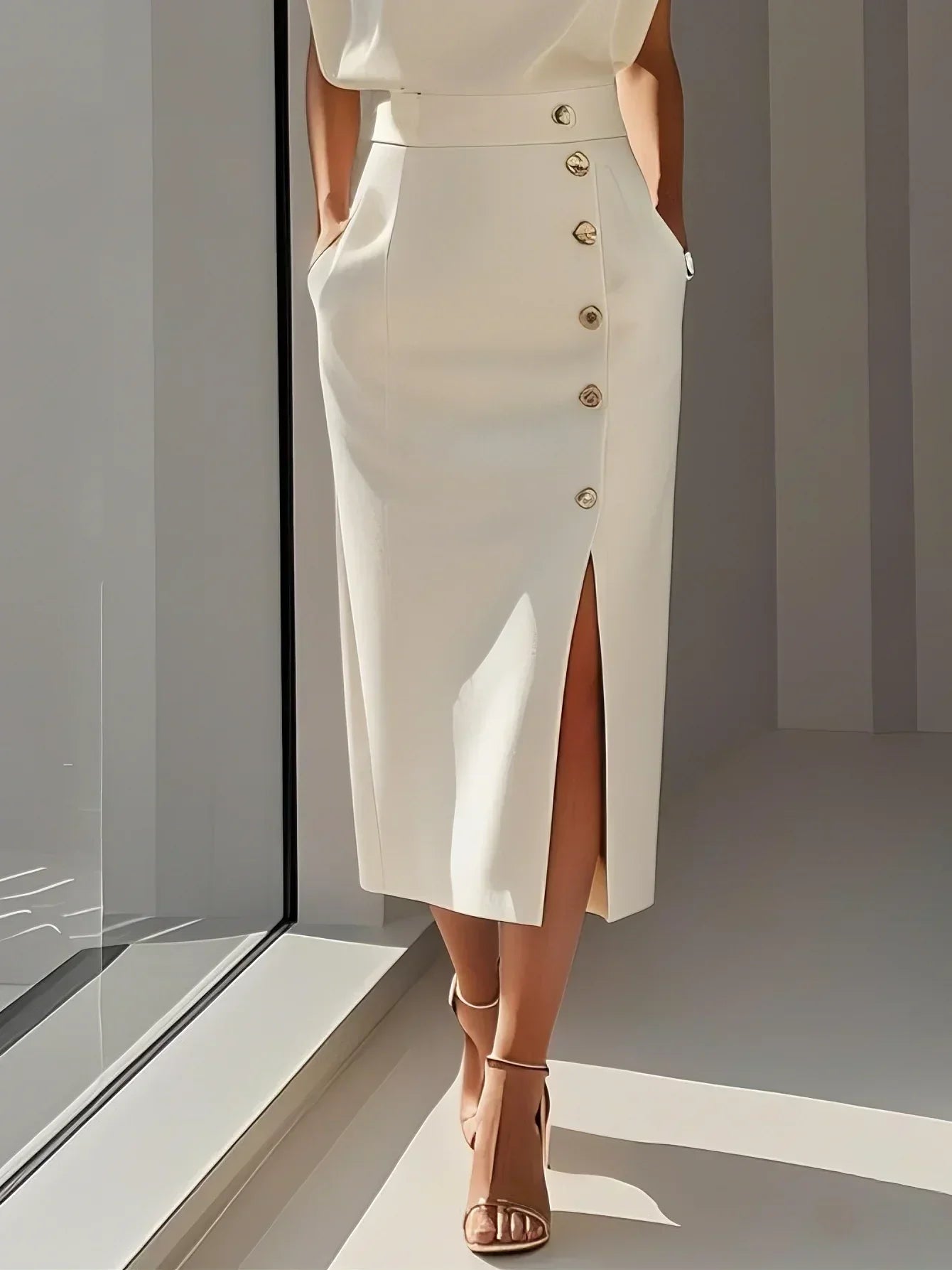 Sleeveless button-front midi dress with an asymmetrical placket, front view