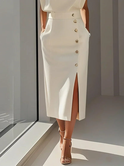 Sleeveless button-front midi dress with an asymmetrical placket, front view