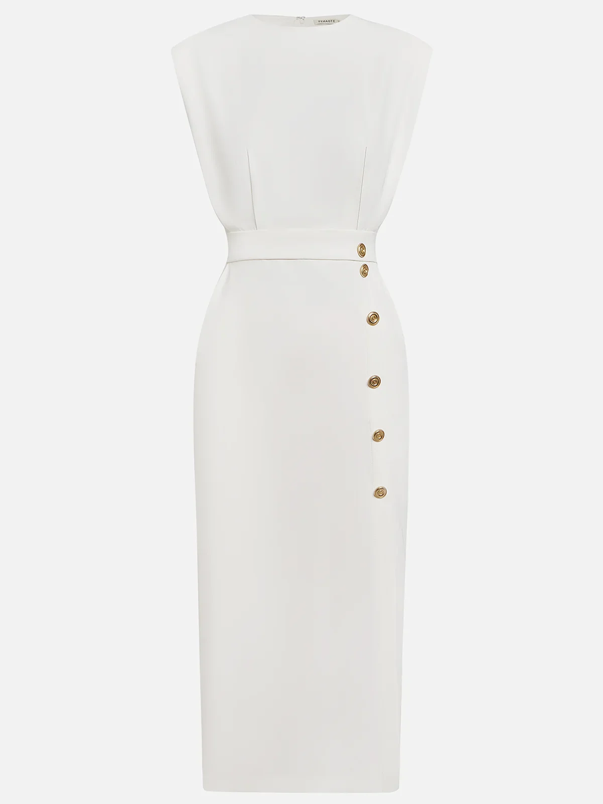 Midi dress showing the off-centre button placket