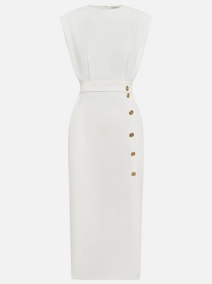 Midi dress showing the off-centre button placket
