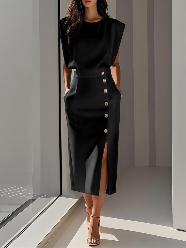 Button-front midi dress shown from the side