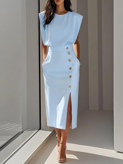 Sleeveless midi dress showing the round neckline