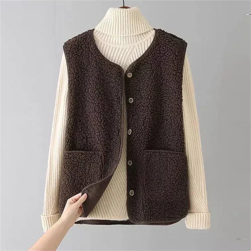 Button-front knit vest shown from the front