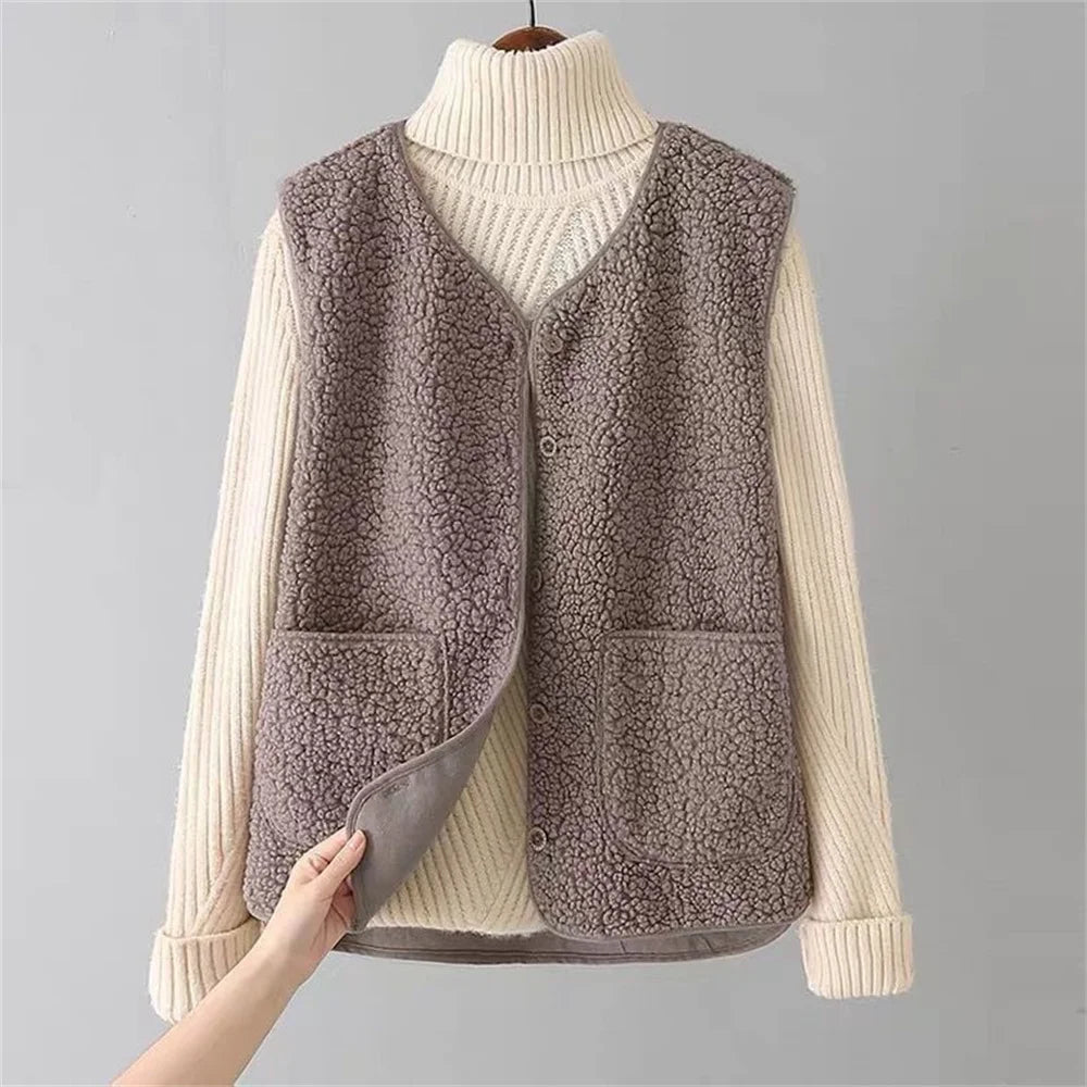 Button-front knit vest shown from another angle