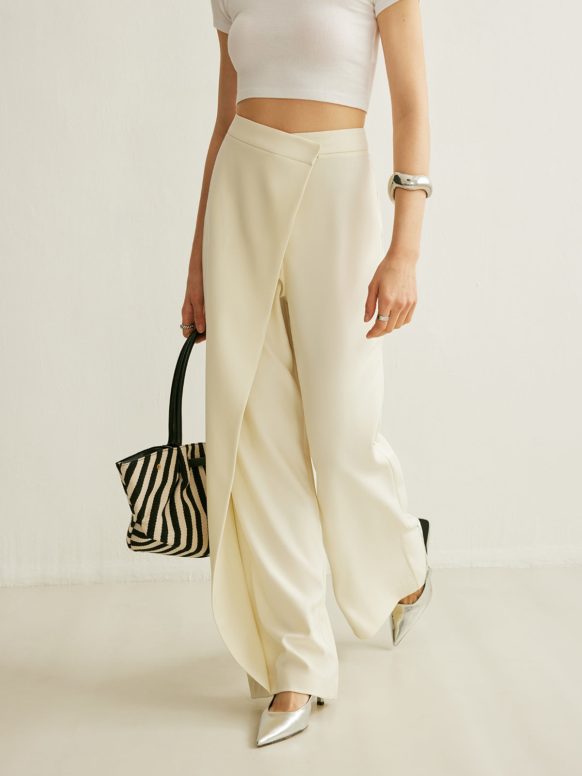 Wrap-front pants shown from the side