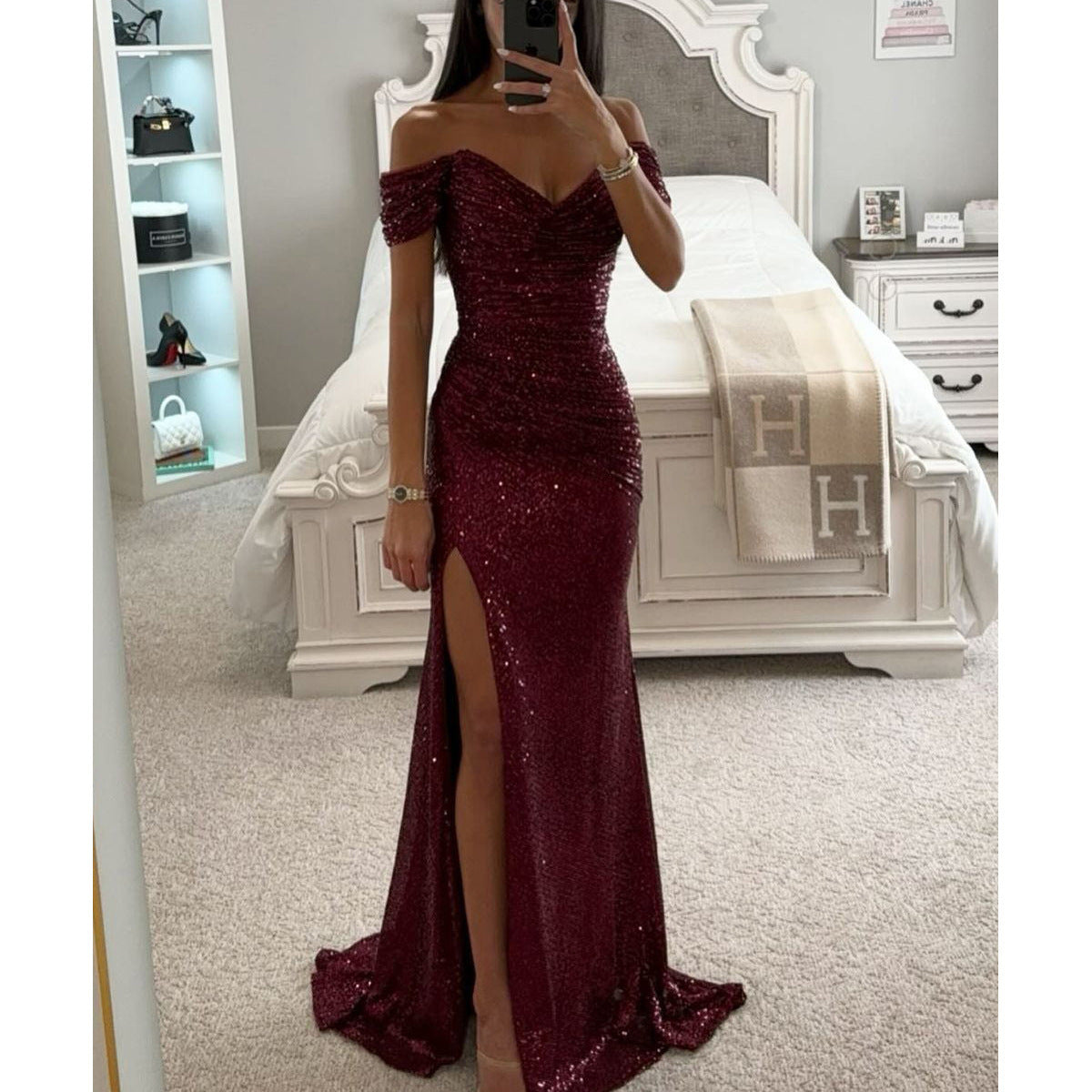 Off-shoulder sequin maxi dress with a high leg slit, front view