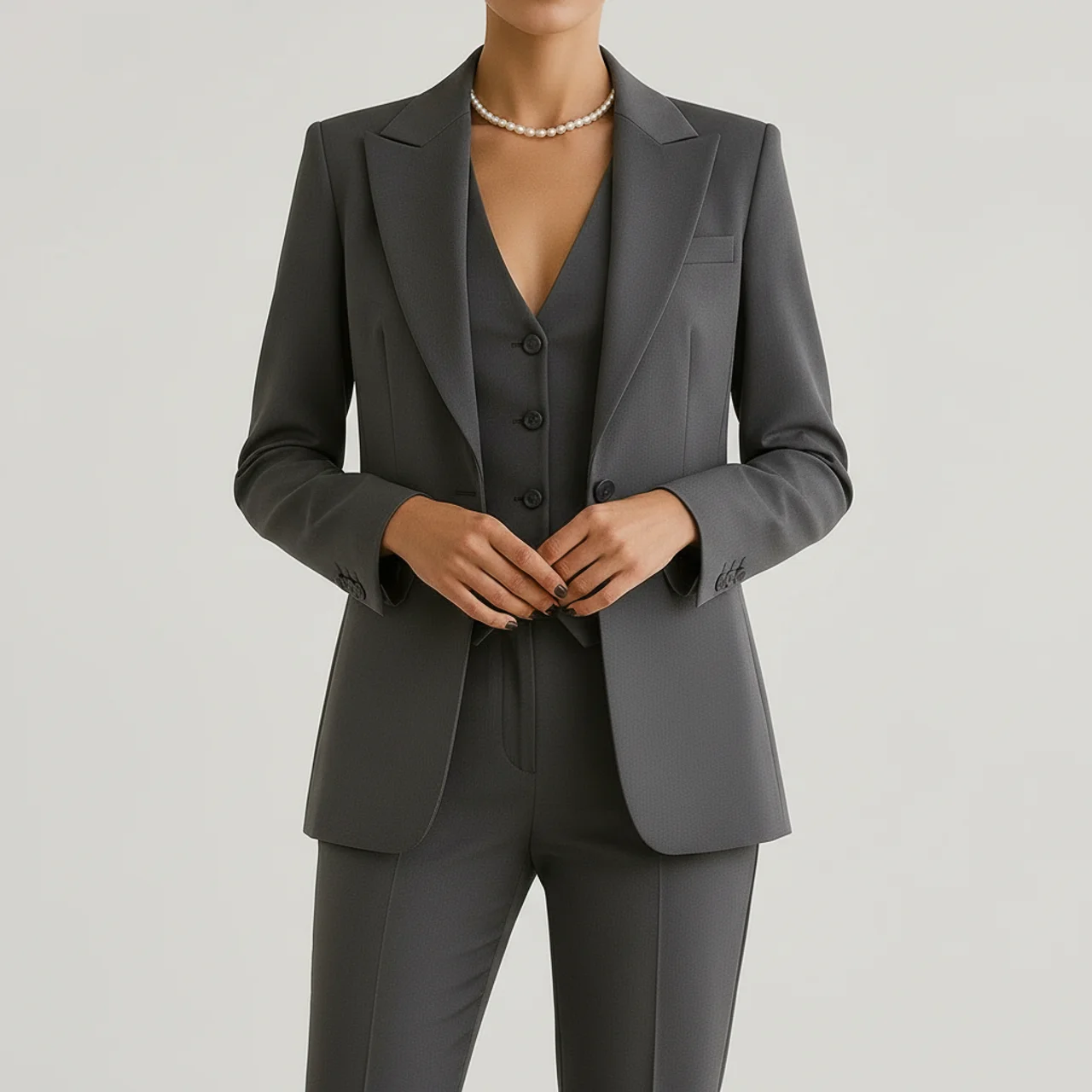 Three-piece suit shown with the blazer open