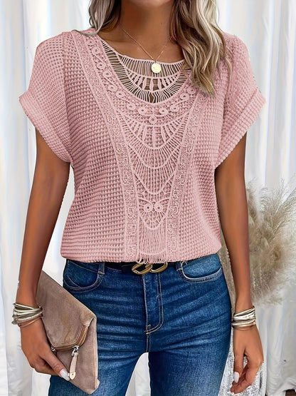 Round-neck top with a narrow lace trim, front view
